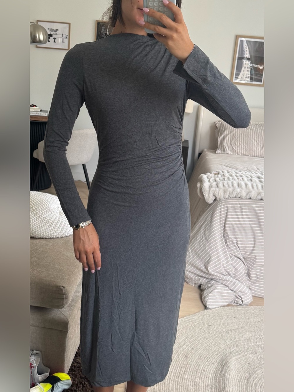 Nordstrom Grey Long-Sleeve Midi Dress with Side Ruching- NEVER WORN